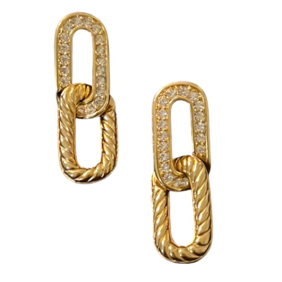 Swarovski Gold Plated Paved Crystal Interlinked Roped Drop Hoop Stud Earrings